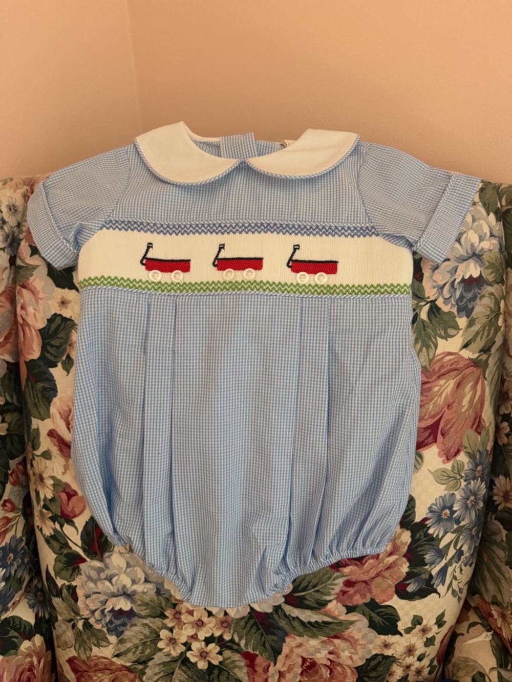 Blue Smocked Boys' Matching Set with Red Wagon Detail